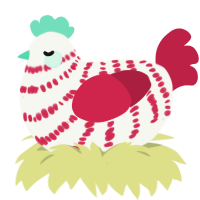 Floss, a white and crimson chicken with a bar pattern