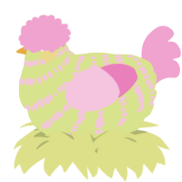 A lemon and pink chicken with a bar pattern