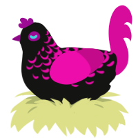 Shiny, a black and fuchsia chicken with a half-lace pattern