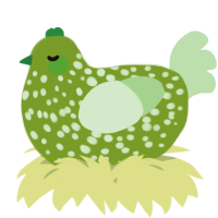 A chartreuse and gluppy chicken with a speckle pattern
