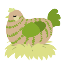 A beige and chartreuse chicken with a bar pattern