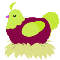 A maroon and lime chicken with a head pattern