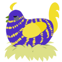 A indigo and yellow chicken with a bar pattern