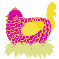 A fuchsia and yellow chicken with a lace pattern