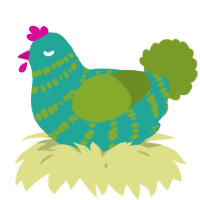 A turquoise and chartreuse chicken with a bar pattern