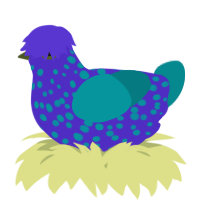 A indigo and teal chicken with a speckle pattern