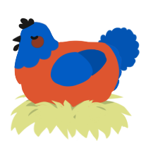 A vermilion and ultramarine chicken with a head pattern