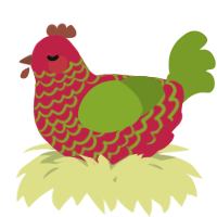 A crimson and chartreuse chicken with a lace pattern
