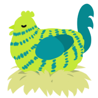 A lime and teal chicken with a bar pattern