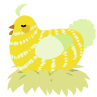 A yellow and apple chicken with a bar pattern