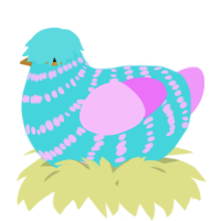 A aqua and lavender chicken with a bar pattern