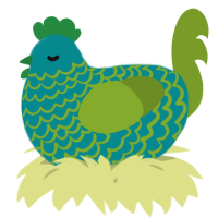 A teal and chartreuse chicken with a lace pattern
