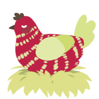 A crimson and lemon chicken with a bar pattern