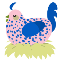 A rose and ultramarine chicken with a speckle pattern
