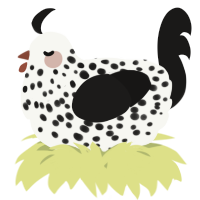 A white and sable chicken with a speckle pattern
