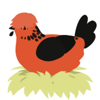 A vermilion and black chicken with a neck-speckle pattern