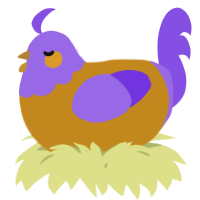 A ochre and blurple chicken with a head pattern