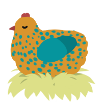 A orange and teal chicken with a speckle pattern