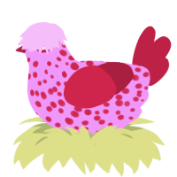 San Valentín, a lavender and crimson chicken with a speckle pattern