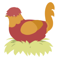 A red and orange chicken with a head pattern