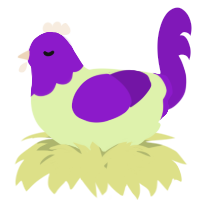 A apple and violet chicken with a head pattern