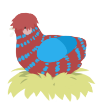 A red and sky chicken with a bar pattern
