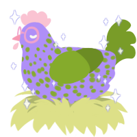 Influenza, a lilac and chartreuse chicken with a speckle pattern