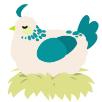 A cream and teal chicken with a neck-speckle pattern