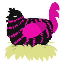 You Bleed Me, a black and fuchsia chicken with a bar pattern