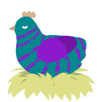 A teal and violet chicken with a bar pattern