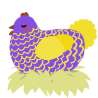 A blurple and yellow chicken with a lace pattern
