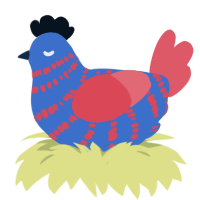 A gold and turquoise chicken with a bar pattern