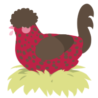 A crimson and bark chicken with a speckle pattern
