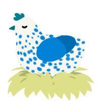 A white and sapphire chicken with a speckle pattern