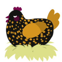 A black and ochre chicken with a speckle pattern