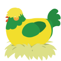 A yellow and viridian chicken with a head pattern