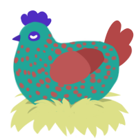 Mini Egg, a turquoise and red chicken with a speckle pattern