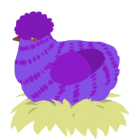 A blurple and violet chicken with a bar pattern