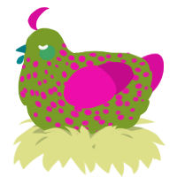 A chartreuse and fuchsia chicken with a speckle pattern