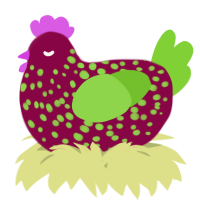 A maroon and grass chicken with a speckle pattern