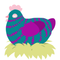 A teal and plum chicken with a bar pattern