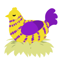 A yellow and violet chicken with a bar pattern