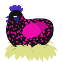 A black and fuchsia chicken with a speckle pattern