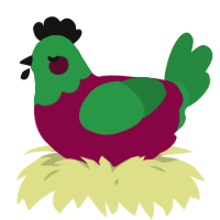 A maroon and viridian chicken with a head pattern
