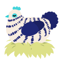A cream and navy chicken with a bar pattern
