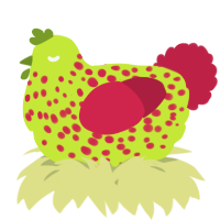A lime and crimson chicken with a speckle pattern