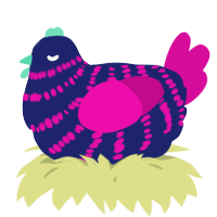 A navy and fuchsia chicken with a bar pattern