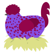 A blurple and maroon chicken with a speckle pattern
