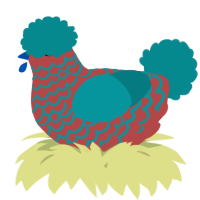 A red and teal chicken with a lace pattern