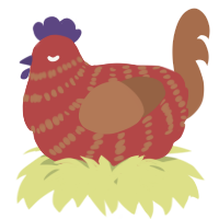 A red and brown chicken with a bar pattern